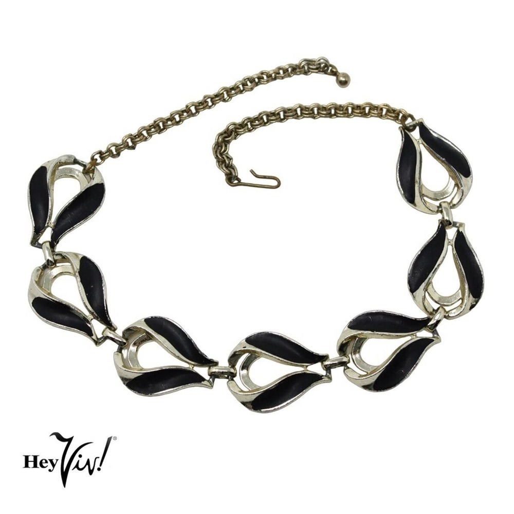 Vintage Curved 16" Choker Chunky Necklace w Black Enamel on Silver Metal - Hey